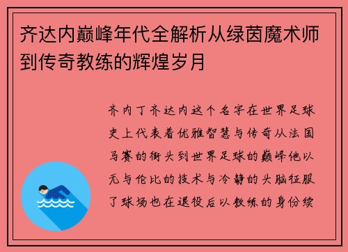 齐达内巅峰年代全解析从绿茵魔术师到传奇教练的辉煌岁月