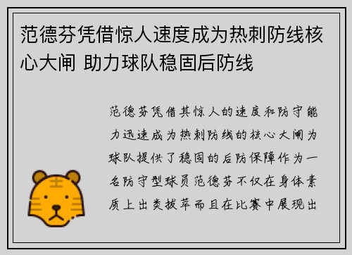 范德芬凭借惊人速度成为热刺防线核心大闸 助力球队稳固后防线 范德芬凭借惊人速度成为热刺防线核心大闸 助力球队稳固后防线