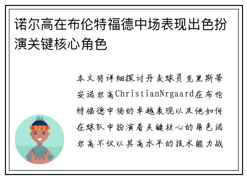 诺尔高在布伦特福德中场表现出色扮演关键核心角色