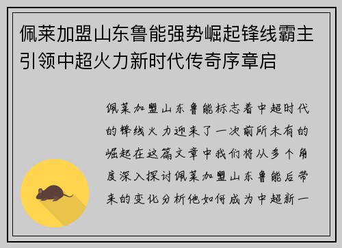 佩莱加盟山东鲁能强势崛起锋线霸主引领中超火力新时代传奇序章启 佩莱加盟山东鲁能强势崛起锋线霸主引领中超火力新时代传奇序章启